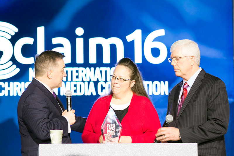 Kentucky county clerk Kim Davis on Wednesday received the National Religious Broadcasters (NRB) President's Award for her unwavering commitment to Christian values in spite of government and media opposition. Davis was honored in Nashville, Tenn., at Proclaim 16 - the NRB International four-day Christian Media Convention of thousands of Christian communicators. Davis gained international attention after defying a federal court order requiring that she issue marriage licenses following the U.S. Supreme Court decision that supported same-sex marriages.