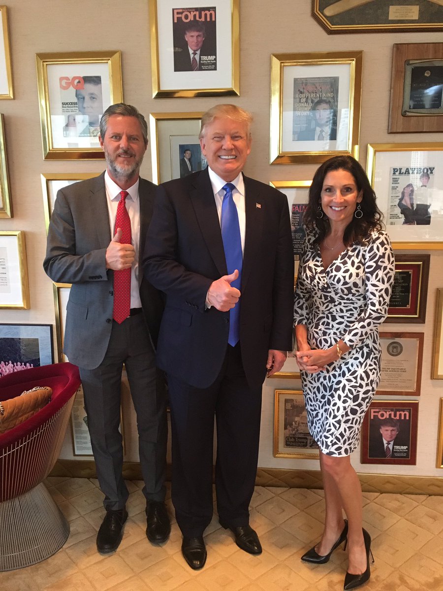 Following a gathering of faith leaders on Tuesday in New York, Liberty University president Jerry Falwell Jr. and his wife, Becki, appeared in a photo with GOP candidate Donald Trump that included a framed Playboy magazine cover hanging behind them on the wall. Critics of Trump, and Falwell's endorsement of him, were quick to point out the irony of the conservative Christian college leader posing in front of a men's pornographic magazine. Falwell called critics "hypocrites" in a response tweet.