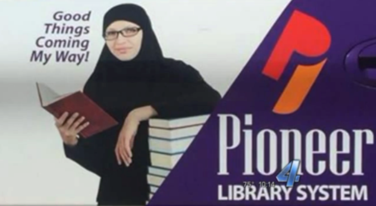 An Oklahoman man demanded that a "religious" image of a woman wearing a hijab, or Muslim veil, be removed from a local library vehicle because he asserts the graphic promotes Islam and the Muslim faith on U.S. public property.
