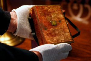 The Bible upon which Abraham Lincoln was sworn in for his first inauguration. It was used twice by President Obama, and will once again be pressed into service by Donald J. Trump on Friday. <br/>Reuters/Kevin Lamarque