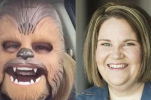 Candace Payne, aka 'Chewbacca Mom,' shot to fame overnight after a Facebook Live video of her laughing in a Star Wars mask went viral <br/>YouTube/BBC