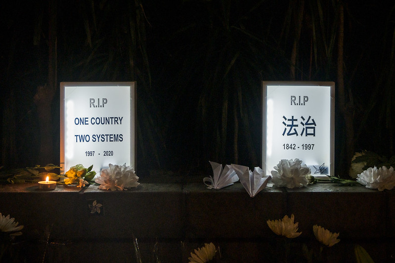 Hong Kong protesters put up a fake tombstone of 