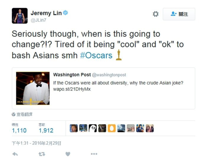 奥斯卡粗野嘲讽亚裔 林书豪、王力宏回应批评