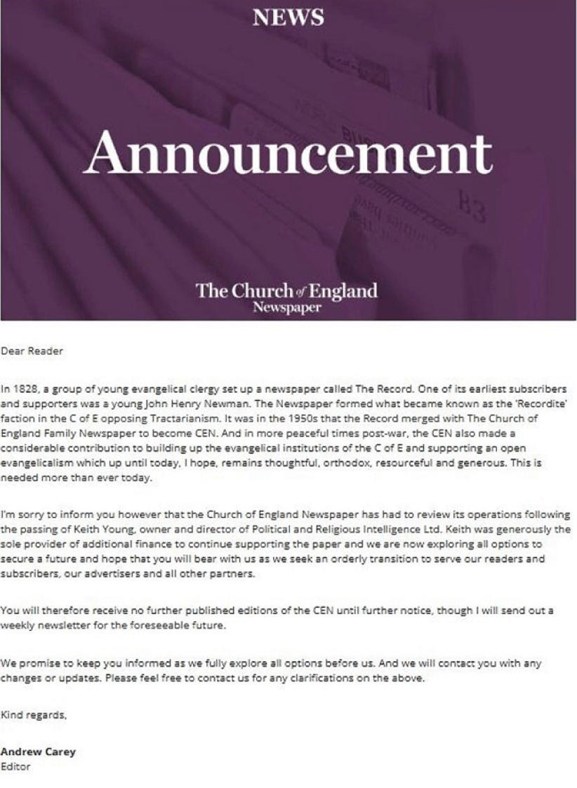世界最悠久教會報紙《英國聖公會報》停刊