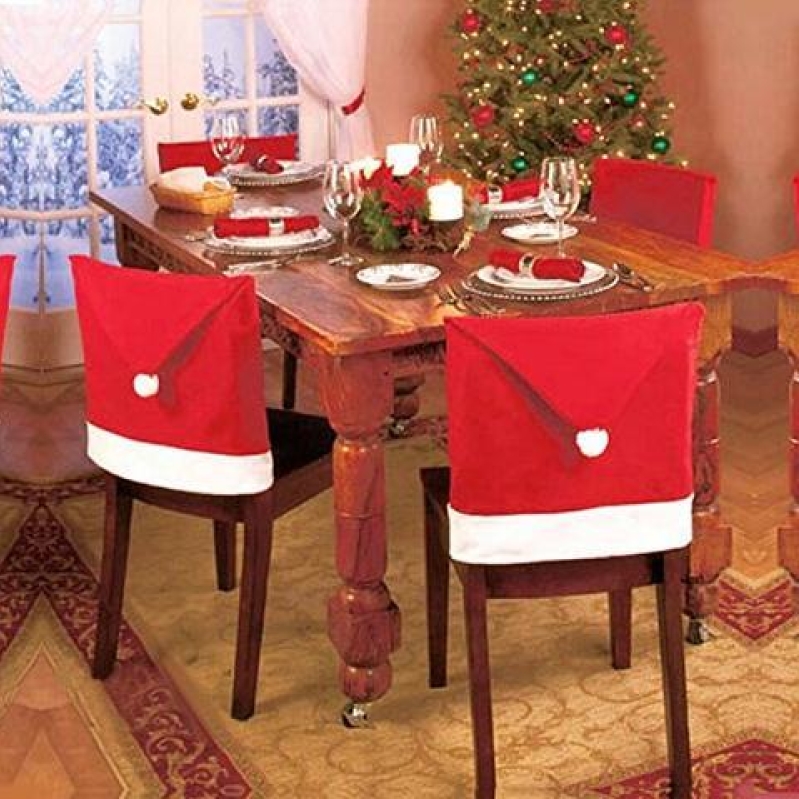 Chair Xmas Cap, 4pcs Santa Red Hat Chair Covers Christmas Decorations Dinner Chair Xmas Cap Sets